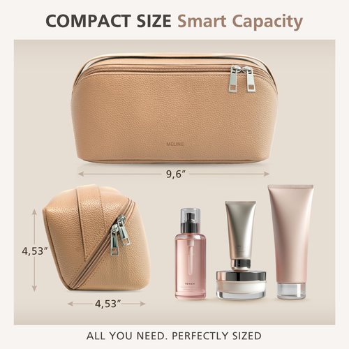 MELINE Travel Makeup Bag – Large Capacity Cosmetic and Toiletry Organizer with Divider and Handle, Waterproof Flat-Open Design, Portable Pouch for Women (Taupe)