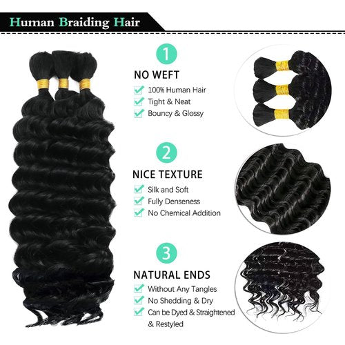 MUXFILLA 18 Inch Human Boho Braiding Hair, Deep Wave Bulk Hair Extension 100g Knotless No Weft 100% Virgin Hair 3 Bundles/Pack, Natural Black