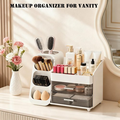 ShinyDew Makeup Organizer with Brush Holder for Vanity, Spacious Cosmetic Display Case with 2 Drawers, The Perfect Bathroom Vanity Organizer for Beauty Essentials, Skincare, Lipsticks