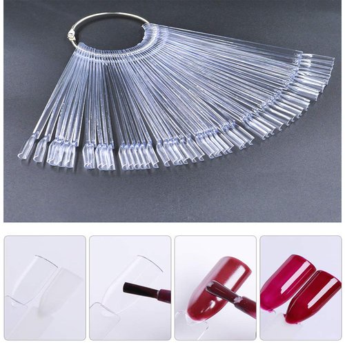 KRISMYA Set of 4 Total 200 Pcs Clear Nail Swatches Sticks, Transparent Fan-shaped Nail Art Tips Display Polish Board Display Practice Sticks Tool with Metal Split Ring Holder