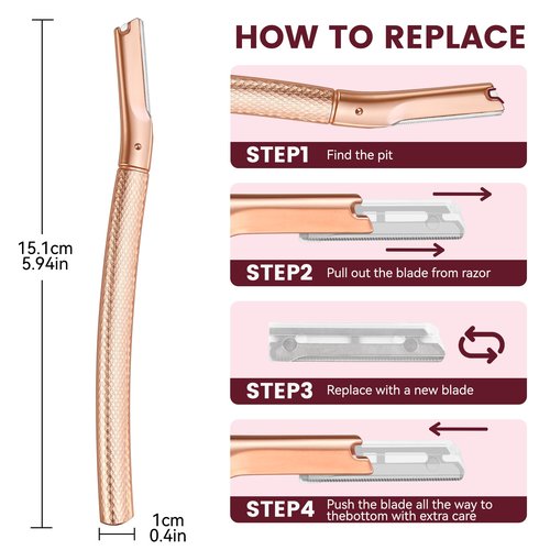 Eyebrow Razor-Face Razors for Women-Dermaplaning Tool for Face Exfoliation & Peach Fuzz with 12 Refill Blades-Facial Dermaplane Razors Shaver-Rose Gold