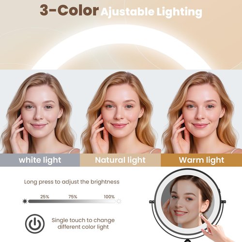 Rocollos Rechargeable Wall Mounted Lighted Makeup Mirror, 8 Inch Double-Sided LED Vanity Mirror 1X/10X Magnification,3 Color Lights Touch Screen Dimmable (Black-30X)