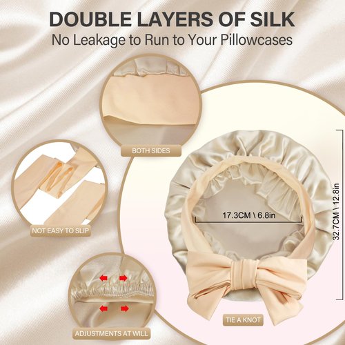 Necole Silk Bonnet for Women 100% Mulberry Silk Sleep Cap 22 Momme Double Layer Hair Wrap for Curly Short Long Hair, Non-Slip Turban with Elastic Tie, Gold