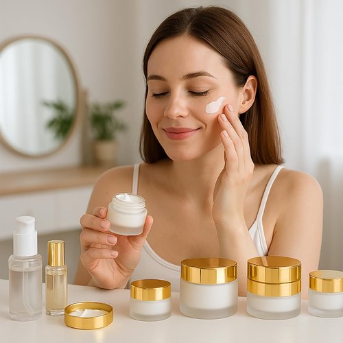 6Packs Round Frosted Glass Jars 30ml/1 OZ Comestic Sample Containers Empty Airtight Glass Jars with Inner Lids & Golden Caps For Storing Lotions Cream Body Butters Powders