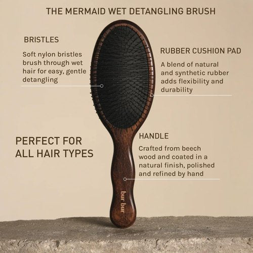 BUR BUR Mermaid Brush - Wet Detangling Hair Brush with Wooden Handle & Flexible Bristles | Scalp Massaging