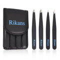 Rikans Precision Tweezers Set – Pack of 4 Black Professional Tweezers – Handy Carry Pouch – Superior Stainless Steel Tweezer Set – Splinters, Eyebrows, Facial or Ingrown Hair – Blackheads Remover