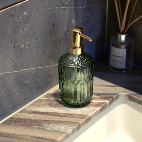 Osfvn Glass Soap Dispenser Green Bottle Gold Plastic Pump Refillable Kitchen Sink Countertop Hand Dish Dispensers