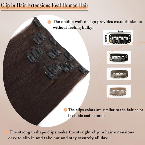 Dark Brown Clip in Hair Extensions Real Human Hair 18Inch 120g/7Pcs Brazilian Virgin Remy Human Hair Clip in Extensions for Women Seamless Invisible Straight Human Hair Extensions Clip ins Double Weft