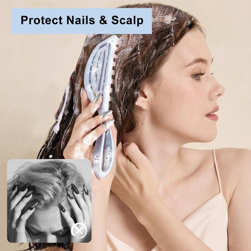 RHOS Scalp Massager - Curved Shampoo Brush with Handle for Wet & Dry Hair - Blue Color
