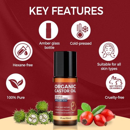 Tiepetly Castor Oil Roll on, Castor Oil Organic, 100% Pure & Cold-Pressed, Hexane Free, Moisturize Skin, Glass Bottle for Hands, joints, Waist Belly Body Skin