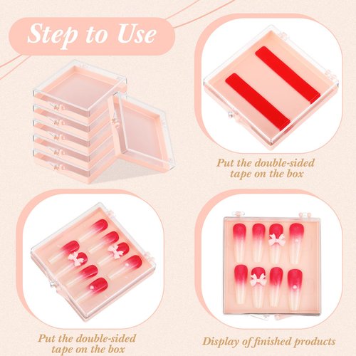 Landhoow 15 Pcs Press on Nail Storage Box with Adhesive Double Sided Tape Acrylic Artificial False Nail Packaging Display Case Organizer for Home Business Salon Supplies (Pink)