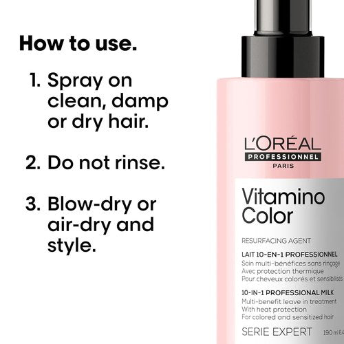 L'Oréal Professionnel Paris Vitamino Color Leave-In Spray - 10-in-1 Heat Protectant & Frizz Control for Color-Treated Hair