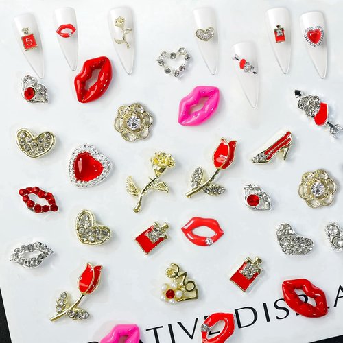 48Pcs Valentines Nail Art Charms Y2k Alloy Nail Gems and Rhinestones 3D Love Heart Lips Nails Design Kawaii Nails Charms for Women Acrylic Nails DIY Manicure Decoration