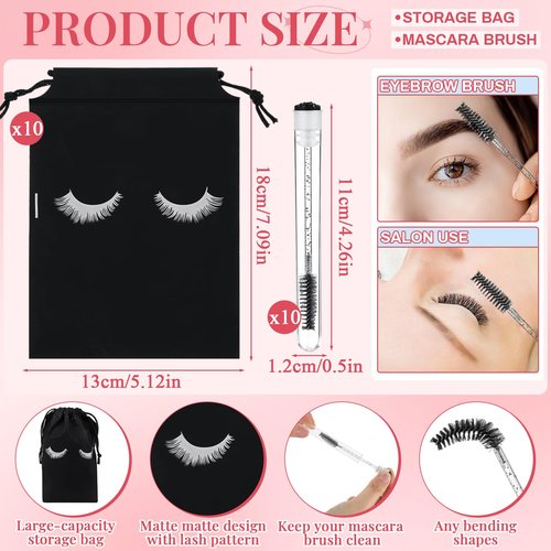 Dansib 60 Pcs Lash Shampoo Brushes Set 10 Lash Shampoo Brushes 10 Mascara Tubes and Wands 10 Foam Pump Bottle 10 Rinse Bottles 10 Makeup Remover Pad 10 Aftercare Drawstring Bag(Black,10 Pcs)