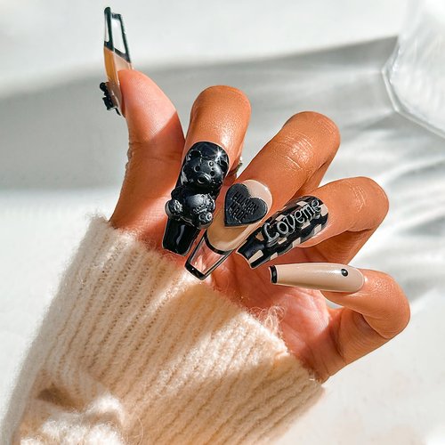 Sethexy French Long Coffin False Nails Handmade Glossy Acrylic Luxury Fake Nails 3D Black Bow Love Heart Bear Press On Nails Checkerboard Salon Quality Nail Removable for Women and Girls 10Pcs（U）
