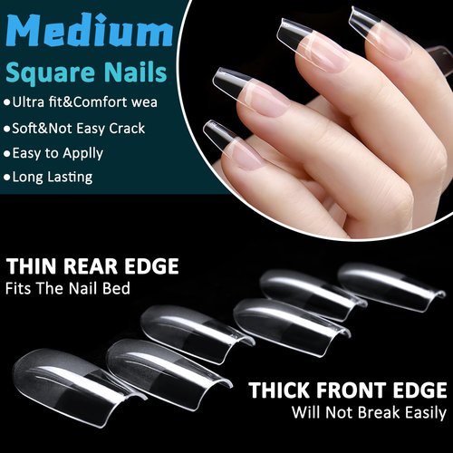 LoveOurHome 600pc Medium Square Fake Nail Tips, Clear Press on Nails Square Acrylic Nail Full Cover False Fake Nails Medium Soft Gel Nail Tips Artificial Fingernails for Gel Nail Extension