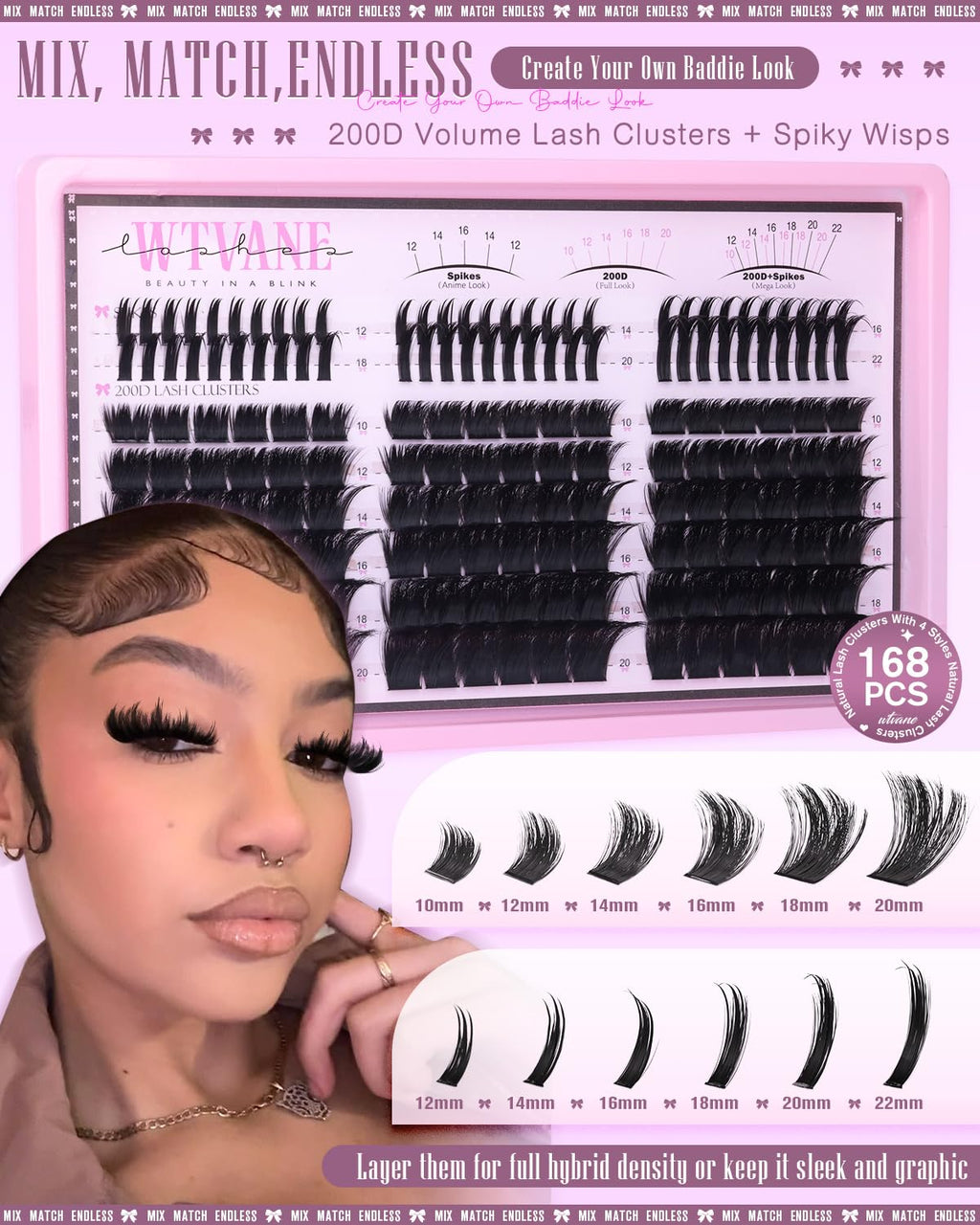 Wtvane Wispy Lash Clusters with Spikes Eyelash Clusters DIY Lash Extensions with 10-20MM 200D Individual Lashes 12-22MM Spiky Lashes Clusters Volume Manga Cluster Eyelash Extensions for Baddie Look