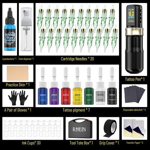 RHEIN Wireless Tattoo Gun Kit with 7 Adjustables Strokes Tattoo Kit Complete with Needles Cartridges, Inks and Tattoo Accessories RN-TKE602B-1
