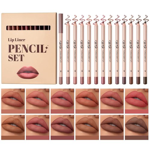 Skiennix Matte Velvet Lip Liner Set - 12 Highly Pigmented, Long-Lasting Waterproof Pencils in Natural Nude Brown