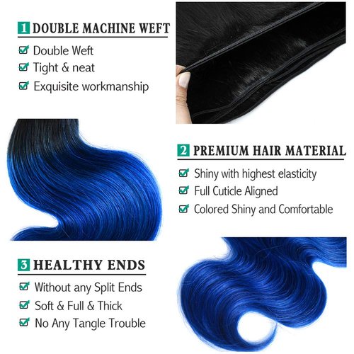 SEXAYHAIR Bule Bundles 16Inch Brazilian 100% Human Hair 1b/Blue 1 Bundle Body Wave, 2 Tone Blue Ombre Virgin Hair 1Bundles Human Hair for Women(16inch blue)