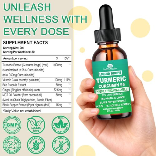**Turmeric Curcumin Supplement - Enhanced Absorption Liquid Complex 1000mg with 95% Curcuminoids & Black Pepper | Joint & Immune Support**