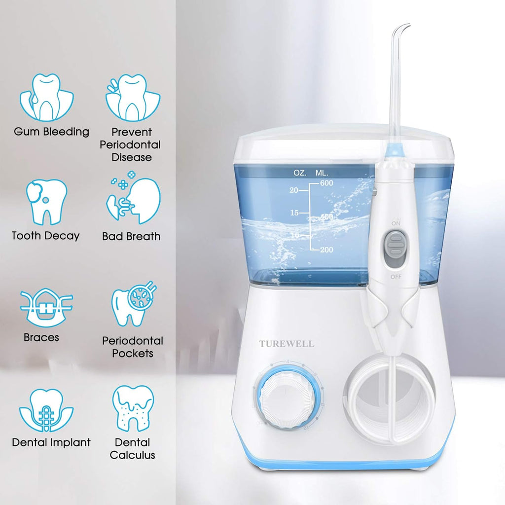 TUREWELL Water Flosser - 600ML Electric Oral Irrigator with 10 Pressure Settings & 8 Tips | Family Use (White)