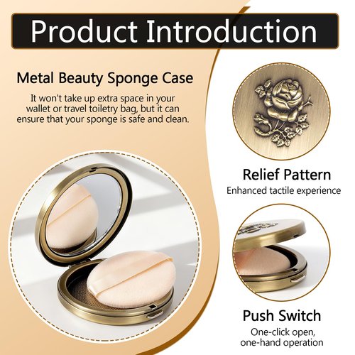 Fashion Creative Luxury Metal Beauty Sponge Case, Rose Gold Pattern, 7 cm Compact Mirror Case with Puff, Travel Makeup Powder Holder (Bronze)