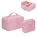 Easter Basket Gifts for Girls Women - Travel Makeup Bag for Women, 2Pcs Portable Personalized Initial Makeup Organizer Bag, Open Flat Large Cosmetic Bag With Travel Essential Pouch (Pink Letter A)