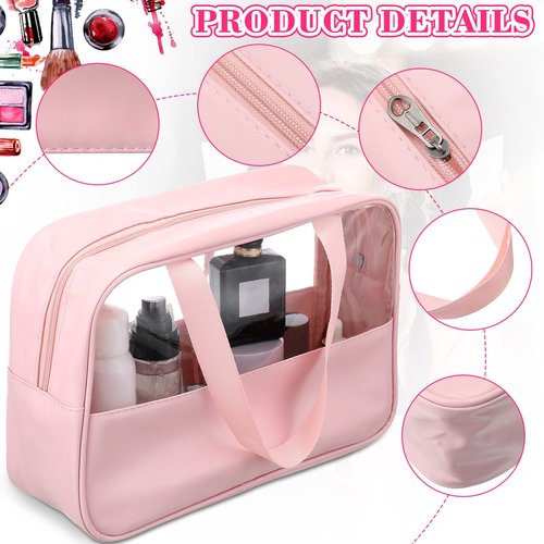 Reginary 6 Pcs Large Clear Makeup Bags, Toiletry Organizer with Zipper and Handle Strap, Portable Cosmetic Bag Waterproof Transparent for Travel Vacation, 11.8 x 8.3 x 3.9 Inch(Pink)