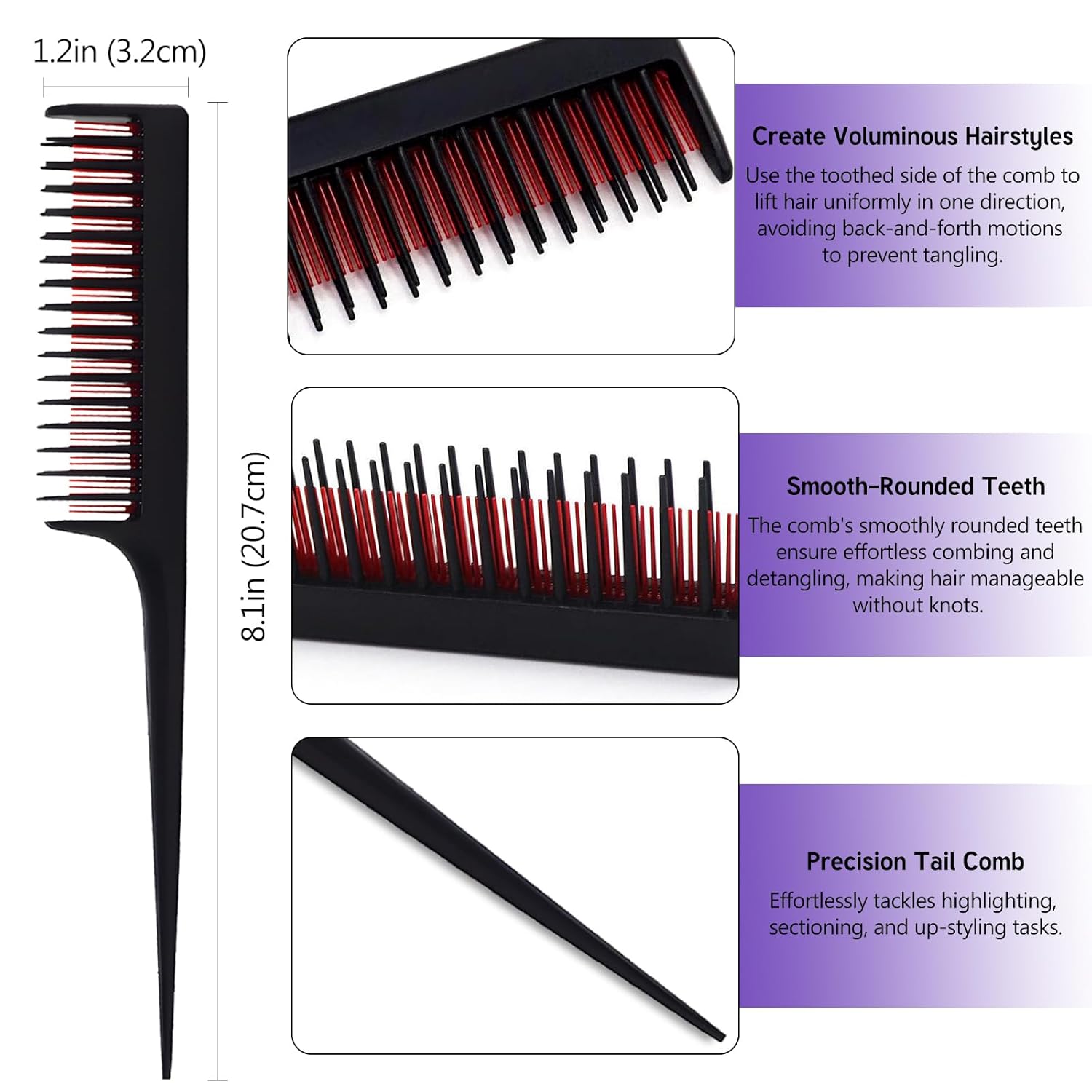 Teasing Comb Set by Professional - 3 Pack Tail Combs for Root Teasing & Volume - 8.15 Inches, Black, Magenta & Purple