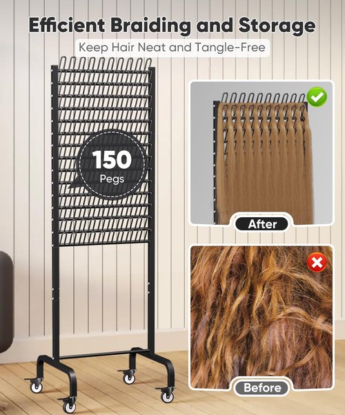 Tigerden 150 Pegs Braiding Hair Rack, Adjustable Hair Separator Stand with Wheels, Hair Extension Holder for Hair Stylists, Braiders, Home, Salon, Beauty School, Black