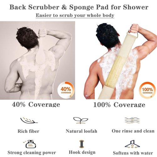 Exfoliating Natural Loofah Sponge Back Scrubber for Shower, 5 Pack Loofah Sponge Pads & Exfoliating Glove, Bath Shower Scrubber for Men and Women
