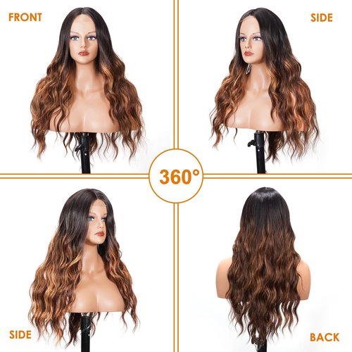 SHINLEA Brown Highlight Wig for Women, 26 Inch Long Wavy Lace Hairline Middle Part Natural Looking Synthetic Heat Resistant Fiber Wigs for Daily, Party, Halloween and Cosplay, Brown Highlight