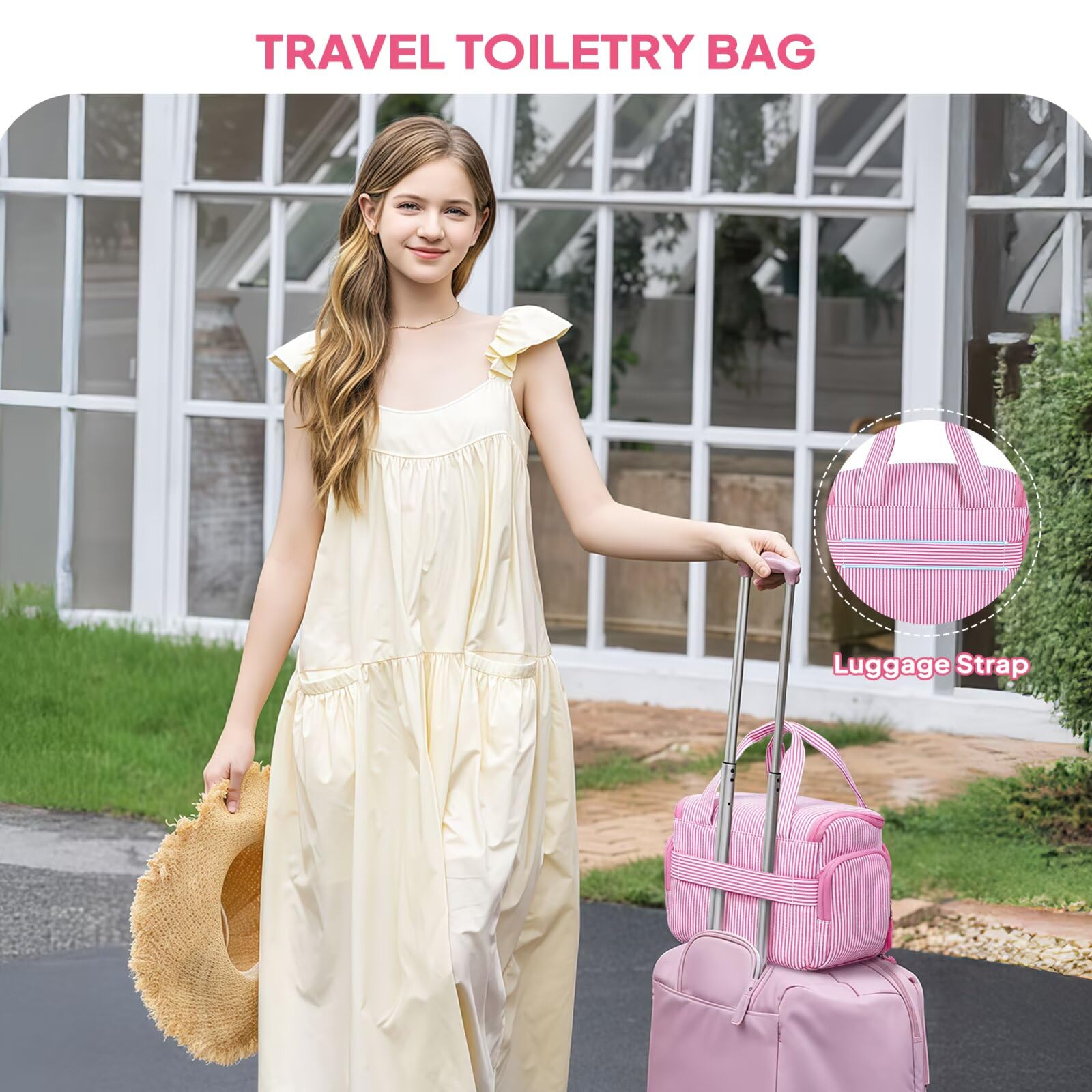 YOOLIFE Travel Toiletry Bag for Women, Initial Hanging Toiletry Bag for Teen Girls, Birthday Gifts for 10 11 12 13 14 15 16 17 Year Old Girls, Pink (A)