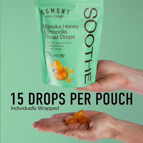 Egmont Honey Manuka Honey & Propolis Throat Drops - 15 Count | UMF 15+ New Zealand Honey with Vitamin C for Natural Soothing Relief