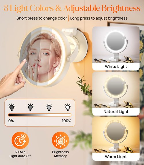 Gospire 7” Wall Mounted Makeup Mirror with Powerful Suction Cup, Double Sided 1X/10X Magnification, 3 Color Lights and Adjustable Brightness, 2000mAh Rechargeable Battery, Shaving for Men - White