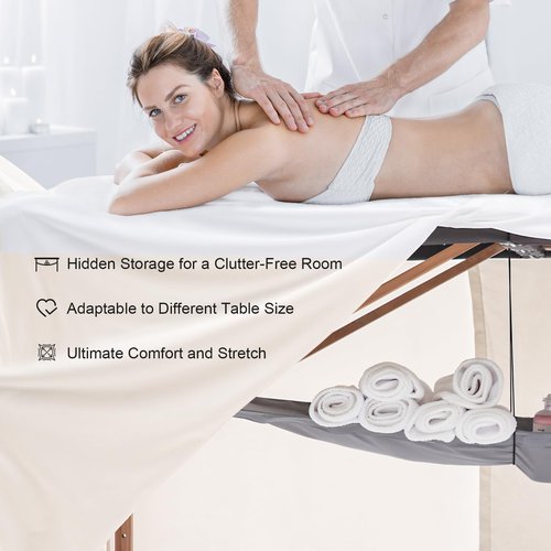 SHINARDO Massage Table Skirt,Massage Face Rest Cover,and Massage Table Under Storage 3pcs Set,SPA Bed Cover,Bed Valance,Soft and Stretchable Fabric Fit Different Size (Khaki)