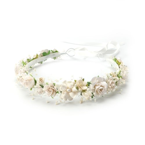 PoshMyra White Flower Girl Crown with Baby's Breath Headpiece Young Girl Communion Floral Hair Wreath Rustic Wedding Hair Accessories Headband for Child(43cm length)