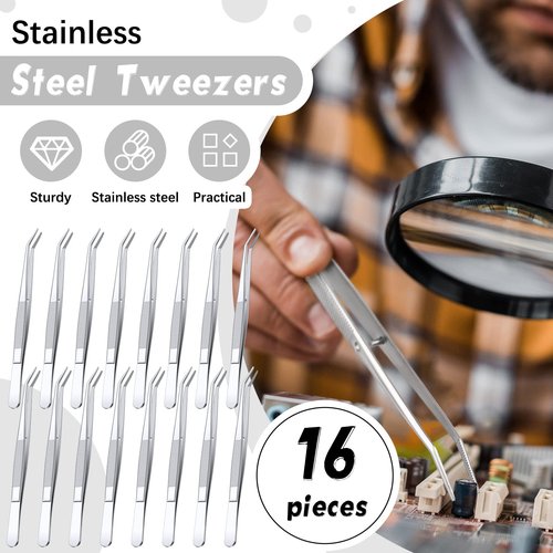 Honoson 16 Pcs Stainless Steel Tweezers for Crafting with Curved Serrated Tip Multipurpose Forceps Sewing Machine Tweezers Bulk (Silver)