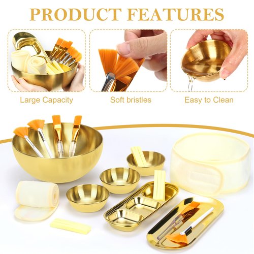 26 Gold Esthetician Supplies 3 Fan Brushes Esthetician 3 Facial Mask Mixing Bowls Large Gold Serving Bowls 3 Facial Flat Brushes Skincare Tray 3-Section Serving Tray 12 Facial Sponges 2 Spa Headbands
