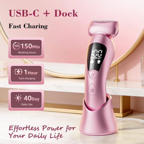 rategist Cordless Electric Razors for Women: Rechargeable Painless Bikini Trimmer for Body Hair - IPX7 Waterproof Shaver with LED Display for Face/Underarm/Leg Blush Pink