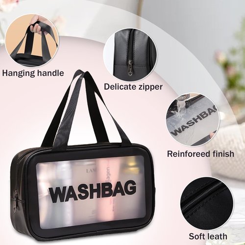 BIRDDIE Clear Travel Bags for Toiletries,3 Pack Toiletry Bag,Matte Translucent Toiletry Bag,Makeup Bag With Handy Handle,Travel Pouch,Makeup Cosmetic Organizer for Travel Essentials(Black)