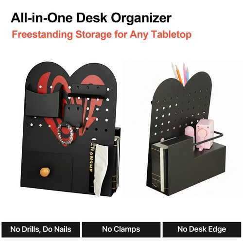 Magnetic Pegboard Organizer for Office Desk, Makeup Vanity, Stationery Storage, Gaming Desktop with 4 Metal Accessories Drawer Holder Hooks Modular - Home Decor Tabletop Display Kids Room - Black