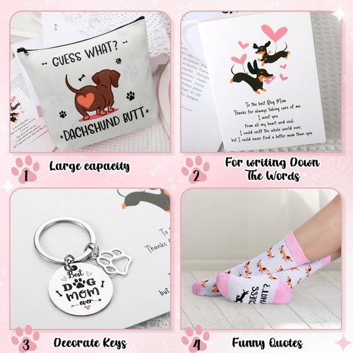 Jingmore 6 Pcs Dachshund Gift Set for Women Weiner Dog Makeup Bag Novelty Crew Socks 11oz Coffee Mug Dachshund Lover Basket Gift Set for Mom Daughter Mother's Day Birthday New Puppy Owners