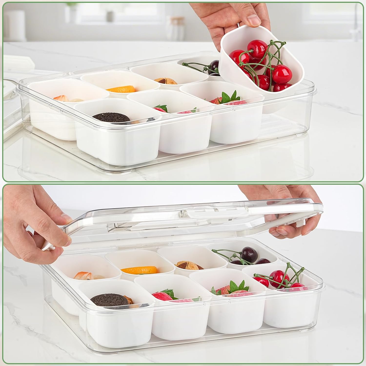 Snackle Box | 8-Compartment Portable Snack Container with Lid & Handle - Clear Serving Tray for Parties