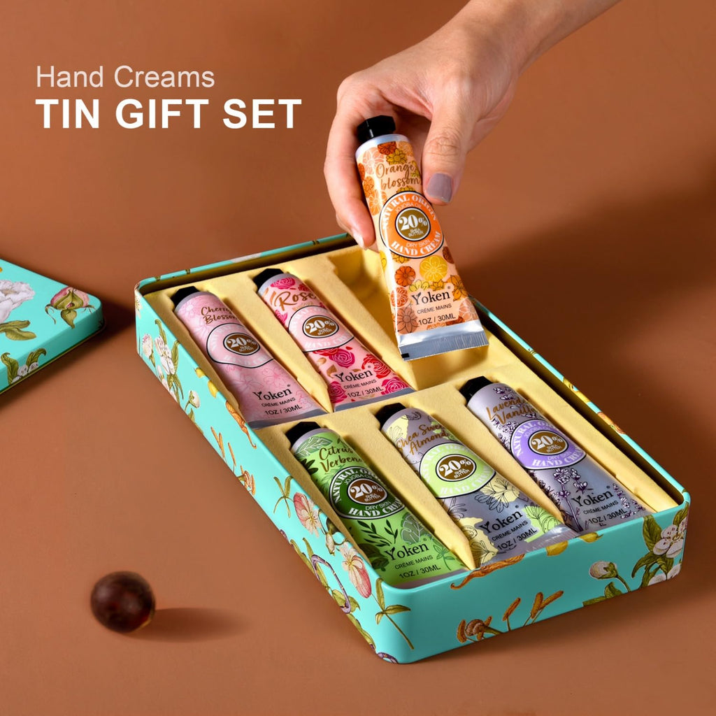 Yoken 20% Shea Butter Hand Cream Gift Set, Instant Soothing Moisturizing Hand Cream for Women Nourishes Dry Hands, 6-Piece Delicate Tin Gift Set Almond, Citrus Verbena & Floral-Scented, 6 x 1 OZ