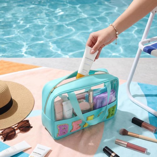 Hillban Clear Beach Makeup Bags - 6 Pcs Waterproof Travel Toiletry Set with Handle | Large PVC Nylon for Summer