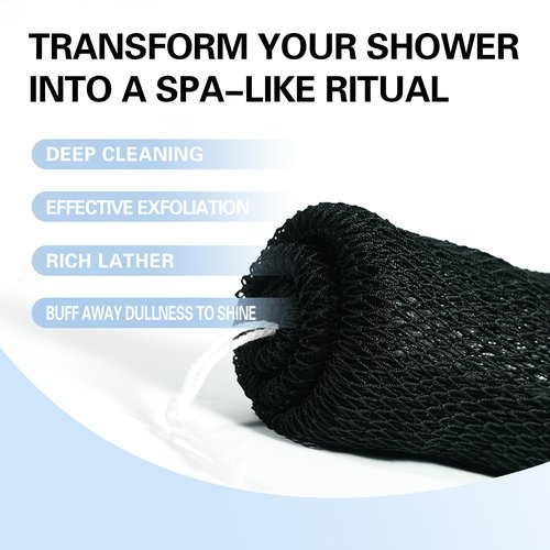 African Net Sponge Authentic 3 Pieces Exfoliating Body Scrubber African Net Sponge with Knots African Exfoliating Net Bath Sponge with Travel Bag (Black,Green,Blue)