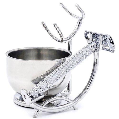 SANWA Grooming Shaving Kit for Men,Shaving Razor and Brush Stand with Stainless Steel Shaving Soap Bowl