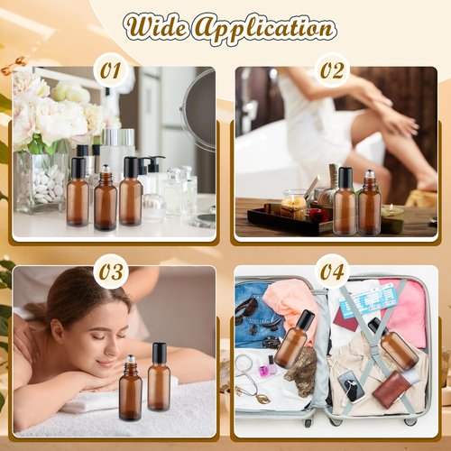 Mirrline 12 Pcs Essential Oil Roller Bottles Amber Glass Roller Bottles Refillable Cosmetic Vials Containers with Stainless Steel Roller Balls & Black Lid - 30ml/1oz